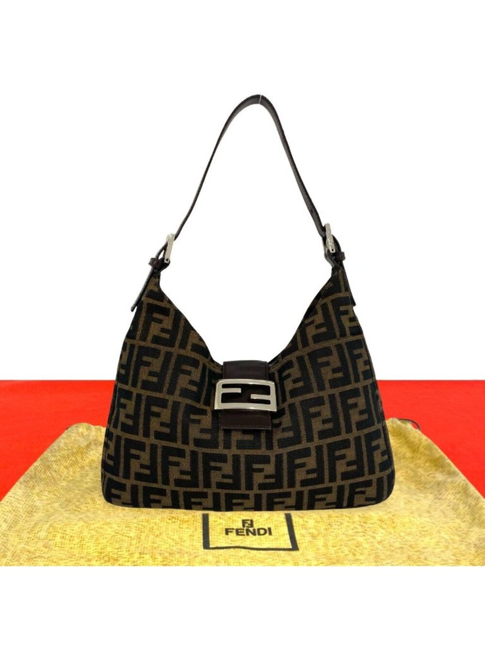 Fendi Vintage Zucca FF Pattern Canvas Leather Shoulder Bag Brown